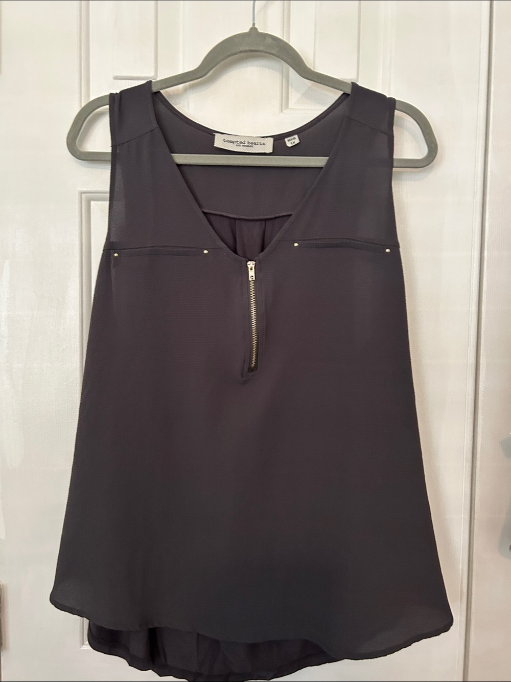 Tempted Hearts Charcoal Zip Front Sleeveless Top